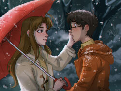  1boy 1girl antenna_hair blush brown_hair chalseu coat commentary english_commentary glasses hand_on_another&#039;s_cheek hand_on_another&#039;s_face highres holding holding_umbrella light_brown_hair long_hair looking_at_another love_hina narusegawa_naru orange_coat red_umbrella short_hair sidelocks smile smoke snow snow_on_head snowing sweater turtleneck turtleneck_sweater umbrella upper_body urashima_keitarou 