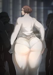 1girl ass brown_eyes brown_hair double_bun hair_bun highres huge_ass jujunaught looking_at_viewer looking_back plump princess_leia_organa_solo public_indecency see-through standing star_wars thick_thighs thighs wide_hips rating:Questionable score:47 user:vaizard