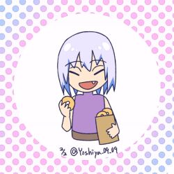 animated animated_gif bag belt blue_streaks brown_belt chewing eating eating_donut eyebrows_visble_through_hair food food_on_face holding holding_bag holding_food hoozuki_suigetsu licking_lips male_focus naruto_(series) naruto_shippuuden purple_eyes purple_shirt shirt sleeveless sleeveless_shirt solo spiked_hair tongue tongue_out tooth_sticking_out_of_mouth white_hair yoshiya0909