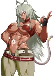 1girl abs absurdres animal_ear_fluff animal_ears bandeau bare_shoulders belt black_panties breasts bridal_gauntlets cat_ears cat_girl cat_tail choker cleavage collarbone commentary_request cowboy_shot dark-skinned_female dark_skin eyepatch facial_scar fang ghislaine_dedoldia green_pants grey_hair hair_between_eyes hand_on_own_hip highleg highleg_panties highres index_finger_raised kureshi_(hannzi) large_breasts long_hair looking_at_viewer muscular muscular_female mushoku_tensei navel obliques open_belt open_mouth open_pants panties pants partial_commentary red_bandeau red_choker red_eyes scar scar_on_cheek scar_on_face scar_on_stomach sidelocks simple_background solo standing stomach tail tail_ornament tail_ring teeth underwear white_background 