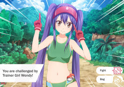  1girl bare_shoulders belly blue-senpai blue_hair blush brown_eyes creatures_(company) fairy_tail female_focus forest game_freak gloves gym_uniform hair_between_eyes hat long_hair looking_at_viewer nature navel nintendo outdoors poke_ball pokemon shiny_skin shirt sleeveless sleeveless_shirt smile solo tank_top twintails very_long_hair wendy_marvell  rating:Sensitive score:108 user:blue-senpai