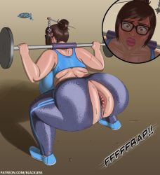  1girl anus arms_up ass barbell black-framed_eyewear blackless blue_footwear blue_panties blue_shirt blush breasts brown_hair embarrassed english_text exercising from_behind glasses hair_bun hair_ornament hair_stick huge_breasts lips mei_(overwatch) overwatch overwatch_1 panties plump purple_legwear pussy shirt shoes sidelocks single_hair_bun solo squatting surprised sweat swept_bangs tank_top thought_bubble torn_clothes torn_legwear uncensored underwear wardrobe_malfunction watermark web_address weightlifting yellow_eyes  rating:Explicit score:54 user:Ecchi-Addict