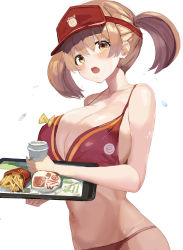  1girl absurdres bikini breasts brown_eyes burger cleavage coffee_cup cup disposable_cup food french_fries hataraku_maou-sama! highres holding holding_tray large_breasts mcdonald&#039;s midriff mizuiro_sanshou navel sasaki_chiho short_twintails standing swimsuit tray twintails visor_cap white_background  rating:Questionable score:74 user:danbooru