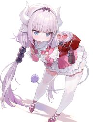  1girl absurdres backpack bag beads bent_over black_bow blue_eyes blunt_bangs bottle bow bow_hairband child cross-laced_footwear dragon_girl dragon_horns dutch_angle freng frills full_body hair_beads hair_intakes hair_ornament hairband highres holding_strap horns kanna_kamui kobayashi-san_chi_no_maidragon light_purple_hair long_hair long_sleeves looking_at_viewer low_twintails pink_footwear randoseru red_bag school_bag simple_background solo standing tail thighhighs twintails very_long_hair water_bottle white_background white_thighhighs zettai_ryouiki  rating:Sensitive score:95 user:danbooru
