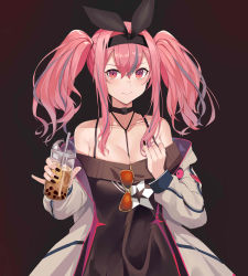 1girl absurdres azur_lane bare_shoulders between_breasts black_background black_choker black_hairband black_nails black_sweater bra_strap breasts bremerton_(azur_lane) bremerton_(day-off_date)_(azur_lane) bubble_tea choker cleavage closed_mouth clothes_pull collarbone commentary cup disposable_cup dress drinking_straw eyewear_hang unworn_eyewear grey_hair hair_between_eyes hair_intakes hair_ornament hairband highres holding holding_cup jacket kuyoumi large_breasts long_hair long_sleeves looking_at_viewer mole mole_under_eye multicolored_hair nail_polish off-shoulder_dress off-shoulder_sweater off_shoulder official_alternate_costume open_clothes orange-tinted_eyewear pink_eyes pink_hair sidelocks simple_background smile solo standing star_(symbol) star_print strap_between_breasts streaked_hair sweater sweater_dress sweater_pull tinted_eyewear twintails two-tone_hair upper_body white_jacket rating:Sensitive score:10 user:danbooru