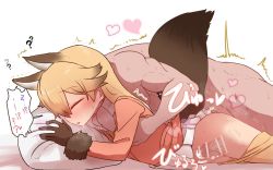10s 1boy 1girl ? animal_ears bar_censor blonde_hair blush censored clothed_female_nude_male clothes_pull cum cum_in_pussy ejaculation ezo_red_fox_(kemono_friends) fox_ears fox_tail from_behind gloves groin groping heart hetero internal_cumshot kemono_friends long_hair long_sleeves lying motion_lines muscular no_panties nude on_stomach open_mouth orange_shirt penis pillow pleated_skirt prone_bone sex sex_from_behind shirt simple_background skirt sleep_molestation sleeping spoken_heart sumiyao_(amam) sweat tail thighhighs uterus veins veiny_penis white_background x-ray rating:Explicit score:155 user:danbooru
