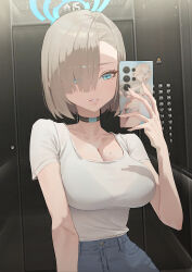  1girl asuna_(blue_archive) blue_archive blue_eyes breasts cleavage jhigf large_breasts light_brown_hair looking_at_viewer phone shirt short_hair short_sleeves smile solo standing white_shirt  rating:Sensitive score:18 user:victusr34