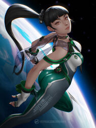  1girl ass black_hair blunt_bangs bodysuit breasts brown_eyes commentary earth_(planet) english_commentary eve_(stellar_blade) floating green_bodysuit highres holding holding_sword holding_weapon lips long_hair looking_at_viewer medium_breasts multicolored_bodysuit multicolored_clothes patreon_username planet planet_diving_suit_(7th)_(stellar_blade) ponytail silver_bodysuit skin_tight solo space stellar_blade suddakka sword very_long_hair weapon white_bodysuit 