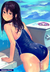  1girl ass bent_over black_hair brown_eyes competition_school_swimsuit goggles unworn_goggles long_hair new_school_swimsuit one-piece_swimsuit original pool rokuhara_(10687811) school_swimsuit smile solo swimsuit water wet 
