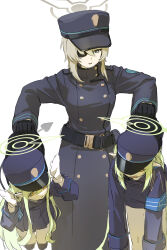  3girls absurdres armband belt black_belt black_gloves blonde_hair blue_archive blue_armband blue_coat blue_eyes buttons carrying carrying_multiple_people carrying_person clothes_grab coat dangling demon_tail double-breasted eyepatch gloves green_hair hands_up hat highres hikari_(blue_archive) long_hair long_sleeves medium_hair multiple_girls nozomi_(blue_archive) peaked_cap piroshiki_(aoraro) pleated_skirt pointy_ears shorts skirt suou_(blue_archive) tail very_long_hair white_background white_gloves 