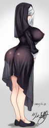  1girl ass black_footwear breasts commentary_request covered_erect_nipples dated grey_background huge_ass huge_breasts kawakami_masaki kneepits long_hair looking_at_viewer looking_back nipples nun original see-through_silhouette signature skirt solo thighs white_hair  rating:Questionable score:173 user:danbooru