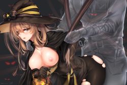  1boy 1girl alternate_costume ascot ass bad_id bad_pixiv_id baek_hyang basket belt black_dress black_gloves blush breasts breasts_out brown_hair candy cape collarbone commentary dress elbow_gloves food ghost girls&#039;_frontline gloves green_eyes hair_between_eyes hair_rings half-closed_eyes halloween halloween_bucket hand_on_another&#039;s_shoulder hat holding_own_arm implied_sex jack-o&#039;-lantern large_breasts long_hair looking_at_viewer multiple_belts multiple_straps nipples official_alternate_costume open_mouth ponytail pumpkin sidelocks signature sleeve_cuffs springfield_(classic_witch)_(girls&#039;_frontline) springfield_(girls&#039;_frontline) torn_clothes torn_dress uniform witch_hat  rating:Explicit score:11 user:danbooru
