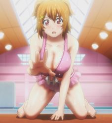 barefoot blush breasts cleavage feet kushiya_inaho large_breasts maken-ki! one-piece_swimsuit orange_hair pink_one-piece_swimsuit screencap stitched sweat swimsuit takami_akio third-party_edit rating:Questionable score:32 user:misterjohneggman
