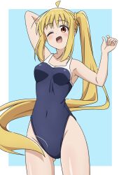  1girl ahoge arms_up blonde_hair blue_background bocchi_the_rock! breasts cowboy_shot detached_ahoge gluteal_fold highleg highleg_swimsuit highres ijichi_nijika kanata_mako long_hair looking_at_viewer one_eye_closed open_mouth ponytail red_eyes school_swimsuit small_breasts solo swimsuit two-tone_background very_long_hair white_background 