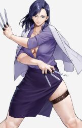  1girl absurdres breasts city_hunter earrings grey_eyes high-waist_skirt highres holding holding_knife holster jacket jacket_on_shoulders jewelry knife large_breasts lips long_hair looking_at_viewer nogami_saeko parted_lips partially_unbuttoned purple_hair purple_shirt purple_skirt shirt shirt_tucked_in skirt smile solo stud_earrings thigh_holster throwing_knife weapon white_background yoshio_(55level) 