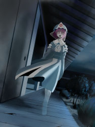  1girl bad_id bad_pixiv_id breasts cloud cloudy_sky creepy empty_eyes floating ghost grass highres horror_(theme) japanese_clothes kimono large_breasts looking_at_viewer night night_sky okahi open_mouth pink_hair porch saigyouji_yuyuko short_hair sky touhou transparent tree triangular_headpiece  rating:Questionable score:15 user:danbooru