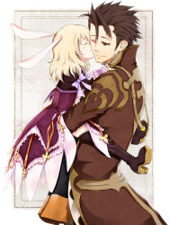 1boy 1girl alvin_(tales) animal_ears ascot bad_id bad_pixiv_id blonde_hair boots brown_eyes brown_hair carrying coat cropped_jacket dress elize_lutus frills height_difference hetero kamihara_yuu kiss one_eye_closed purple_thighhighs rabbit_ears short_hair smile tales_of_(series) tales_of_xillia thigh_boots thighhighs wink rating:Sensitive score:9 user:danbooru