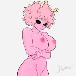 10s 1girl artist_request ashido_mina black_sclera boku_no_hero_academia breasts closed_mouth colored_sclera colored_skin completely_nude crossed_arms horns huge_breasts large_breasts looking_down messy_hair navel nipples nude out-of-frame_censoring pink_hair pink_skin pussy pussy_peek short_hair simple_background solo standing upper_body white_background yellow_eyes rating:Explicit score:80 user:kamikuck