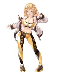 1girl absurdres bandaid bandaid_on_face blonde_hair blue_eyes breasts cleavage commentary contrapposto english_commentary hair_ornament highres hololive hololive_english honkivampy jacket large_breasts midriff pants shoes simple_background smile sneakers sports_bra standing striped_legwear virtual_youtuber watson_amelia white_background yoga_pants rating:Sensitive score:50 user:danbooru