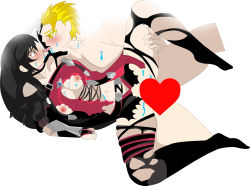  1boy 1girl bad_anatomy black_hair blonde_hair blush breasts censored clothed_female_nude_male crossover heart heart_censor hetero highres long_hair nipples nude pussy sex short_hair simple_background tales_of_(series) torn_clothes velvet_crowe white_background yellow_eyes  rating:Explicit score:0 user:sumait