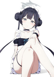 1girl absurdres alternate_costume ass black_choker black_hair blue_archive blush breasts butterfly_hair_ornament choker closed_mouth collarbone double_bun enmaided feet_out_of_frame frilled_sleeves frills grey_eyes grey_halo hair_bun hair_ornament halo highres kisaki_(blue_archive) komasi long_hair looking_at_viewer maid maid_headdress short_sleeves simple_background sitting small_breasts solo thighs twintails white_background 