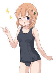  1girl bad_id bad_twitter_id black_eyes black_one-piece_swimsuit breasts collarbone commission cowboy_shot gochuumon_wa_usagi_desu_ka? hair_between_eyes hair_ornament hairclip highres hoto_cocoa index_finger_raised looking_at_viewer one-piece_swimsuit one_eye_closed orange_hair school_swimsuit short_hair simple_background small_breasts solo standing swimsuit takasuma_hiro white_background  rating:Sensitive score:31 user:danbooru