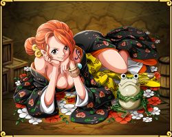  1girl animal ass bare_shoulders bracelet breasts brown_eyes cleavage female_focus flower frog head_rest hip_focus japanese_clothes jewelry kimono large_breasts long_sleeves looking_at_viewer lying nami_(one_piece) official_art one_piece open_clothes orange_hair smile solo tattoo thighs wide_sleeves  rating:Sensitive score:40 user:TDucklair