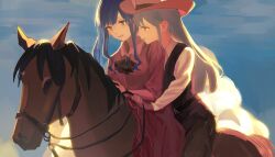  2girls ascot bang_dream! bang_dream!_it&#039;s_mygo!!!!! black_ascot black_vest blue_hair collared_shirt commentary cowboy day green_hair hat head_on_another&#039;s_shoulder highres horse horseback_riding long_hair long_sleeves multiple_girls outdoors parted_lips pink_shirt red_hat red_skirt riding shirt sigangsan skirt smile striped_clothes striped_shirt togawa_sakiko vest wakaba_mutsumi western white_shirt yellow_eyes 
