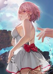  1girl bow breasts cleavage dress dress_swimsuit fate/grand_order fate_(series) hair_over_one_eye highres large_breasts looking_at_viewer mash_kyrielight mash_kyrielight_(swimsuit_of_perpetual_summer) nanaken_nana ocean one-piece_swimsuit open_mouth pink_bow pink_hair purple_eyes short_hair swimsuit white_dress white_one-piece_swimsuit  rating:Explicit score:33 user:Razor2005