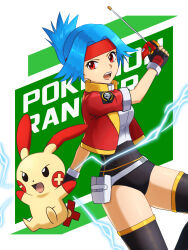 1girl absurdres black_gloves blue_hair commentary_request copyright_name creatures_(company) cropped_jacket fingerless_gloves flipped_hair game_freak gen_3_pokemon gloves green_background hand_up headband highres holding holster jacket looking_at_viewer nintendo open_clothes open_jacket open_mouth plusle pokemon pokemon_(creature) pokemon_ranger ponytail red_eyes red_headband red_jacket sherufu_(natashelves) shirt solana_(pokemon) teeth thighhighs tongue upper_teeth_only white_shirt