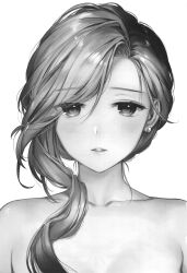  1girl bare_shoulders blush breasts collarbone earrings female_focus greyscale hair_over_shoulder jewelry long_hair looking_at_viewer monochrome nanashi_(nlo) nipples nude original parted_lips ponytail simple_background solo upper_body white_background  rating:Explicit score:7 user:pseudopodi