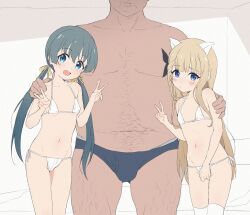  1boy 2girls animal_ears bikini black_hair blonde_hair blue_eyes blue_male_swimwear blue_swim_briefs blush braid breasts cat_ears collarbone double_v fat fat_man flat_chest hair_between_eyes hair_ribbon hand_on_another&#039;s_shoulder highres idol idoly_pride long_hair looking_at_viewer male_swimwear multiple_girls narumiya_suzu navel okuyama_sumire open_mouth ribbon side-tie_bikini_bottom simple_background sincos size_difference small_breasts standing swim_briefs swimsuit thighhighs twintails v very_long_hair white_thighhighs  rating:Questionable score:90 user:danbooru