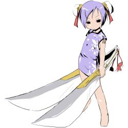  angry artist_request barefoot blush child china_dress chinese_clothes double_bun dress dual_wielding flat_chest holding original purple_hair red_eyes serious short_hair  rating:Sensitive score:17 user:softfang