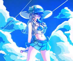  1girl aduare bad_id bad_pixiv_id blouse blue_eyes blue_hair buttons cloud cloudy_sky crop_top crusaders_quest day earrings food hat highres jewelry looking_away maria_(crusaders_quest) matching_hair/eyes midriff miniskirt popsicle ribbon shirt skirt sky solo spoon  rating:Sensitive score:15 user:danbooru