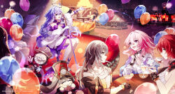  1boy 2others 4girls absurdres angel_wings anniversary archery_shooting_glove balloon black_choker black_gloves blue_jacket buttons choker clockie_(honkai:_star_rail) copyright_name earrings flower_ornament gloves gradient_jacket grey_hair halo highres himeko_(honkai:_star_rail) honkai:_star_rail honkai_(series) instrument jacket jewelry long_sleeves march_7th_(honkai:_star_rail) medium_hair multiple_girls multiple_others nanguagua438 open_mouth partially_fingerless_gloves piano pink_hair pink_jacket pom-pom_(honkai:_star_rail) purple_hair red_hair robin_(honkai:_star_rail) shirt single_earring single_glove smile stelle_(honkai:_star_rail) sunday_(honkai:_star_rail) teeth tied_jacket trailblazer_(honkai:_star_rail) upper_teeth_only white_shirt wings 