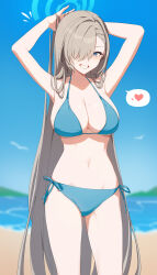  1girl armpits arms_up asuna_(blue_archive) beach bikini bird blue_archive blue_bikini blue_eyes blue_halo blue_sky blurry blurry_background breasts cleavage cowboy_shot day grin hair_over_one_eye halo heart highres large_breasts long_hair looking_at_viewer mole mole_on_breast navel outdoors side-tie_bikini_bottom sky smile solo spoken_heart stomach straight_hair swimsuit tt0215 very_long_hair 