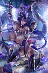 bra breasts breasts_out cleavage electricity floating_hair floral_print flower genshin_impact highres kneeling large_breasts long_hair nail_polish nipples panties pov purple_eyes purple_hair purple_legwear pussy raiden_shogun sakimichan see-through sword thighhighs thighs torn_clothes underwear weapon  rating:Explicit score:70 user:Z-ex