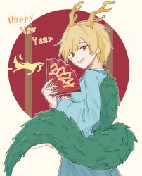  1girl 2024 absurdres blonde_hair blue_shirt blue_skirt chinese_zodiac dragon_girl dragon_horns dragon_tail green_nails green_tail hand_fan happy_new_year highres holding holding_fan horns idaku kicchou_yachie long_sleeves new_year puffy_long_sleeves puffy_sleeves red_eyes shirt short_hair skirt smile solo tail touhou turtle_shell year_of_the_dragon yellow_horns 