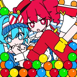  2girls album_cover apron ball black_footwear blue_dress blue_eyes blue_hair blue_hat blush bow channel_(_caststation) clenched_hands closed_mouth collared_shirt cover cramped dress drill_hair frilled_dress frills gloves grey_socks hat hatsune_miku highres kasane_teto long_hair looking_at_viewer loose_socks mesmerizer_(vocaloid) multiple_girls name_tag open_mouth pinstripe_hat puffy_short_sleeves puffy_sleeves red_eyes red_hair red_hat roller_skates shirt short_sleeves skates smiley_face smiley_hair_ornament socks sparkling_eyes striped_bow striped_clothes striped_dress striped_shirt twin_drills twintails utau vertical-striped_clothes vertical-striped_dress vertical-striped_shirt very_long_hair visor_cap vocaloid white_background white_socks wrist_cuffs yellow_gloves 