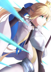  1girl artoria_caster_(fate) artoria_pendragon_(fate) blonde_hair crown fate/grand_order fate_(series) green_eyes highres looking_to_the_side solo upper_body user_rvpe2274 white_background 