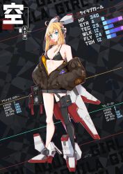  1girl absurdres ahoge aquila_girl bikini blonde_hair blue_eyes breasts chewing_gum cleavage cosmic_break hands_in_pockets highres jacket long_hair looking_at_viewer mecha_musume medium_breasts mixed-language_text open_clothes pilot_suit single_thighhigh stats swimsuit thighhighs uhen 
