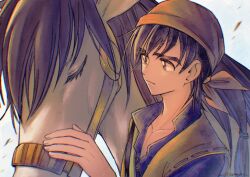 1boy animal bandana black_hair blue_shirt brown_eyes brown_hair closed_eyes closed_mouth coat collarbone commentary_request dragon_quest dragon_quest_viii hero_(dq8) highres horse looking_at_another medea_(dq8) mouyi petting red_bandana shirt sleeveless sleeveless_coat upper_body yellow_coat