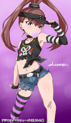1girl amano_nene_(digimon_xros_wars) armpits asymmetrical_legwear bandaid chewing_gum chicago-x denim denim_shorts digimon digimon_xros_wars feet_out_of_frame female_focus gradient_background hair_ornament hairclip hat highres loli long_hair looking_at_viewer ponytail shorts simple_background skull solo split_ponytail standing thighhighs torn_clothes wide_hips rating:Questionable score:39 user:Chaos11