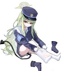  1girl armband blue_archive blue_armband blue_footwear blue_jacket blue_skirt boots buttons closed_mouth clothes_pull demon_tail double-breasted from_above gloves green_hair green_halo halo hat highres hikari_(blue_archive) jacket long_hair long_sleeves pantyhose pantyhose_pull partially_undressed peaked_cap pleated_skirt pointy_ears simple_background sitting skirt solo sweat tail train_conductor uniform unworn_footwear white_background white_gloves white_pantyhose yellow_eyes yoru!_(0aurxxx) 