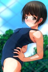  1girl black_hair blue_one-piece_swimsuit blue_school_swimsuit blush breasts brown_eyes cloud hands_on_own_hips leaning_back looking_at_viewer matsunaga_kouyou one-piece_swimsuit school_swimsuit short_hair sky small_breasts standing stretching swimsuit tree 