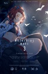  1girl 2024 bandaged_chest bird black_bow bow braid breasts chixia_(wuthering_waves) cleavage closed_eyes commentary dated detached_sleeves english_commentary english_text facing_ahead flaurel freckles hair_bow highres light_blush logo movie_poster multicolored_hair parted_lips red_bandage red_hair side_braid single_braid single_detached_sleeve small_breasts solo streaked_hair toned_female white_bird white_sleeves wuthering_waves 