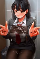  1girl absurdres bathroom black_hair blush bow bowtie coat cum cum_on_clothes cum_on_mask eyeshadow facial female_focus highres looking_at_viewer makeup mask mole naingnaing pantyhose public_bathroom skirt solo  rating:Explicit score:73 user:CovArd