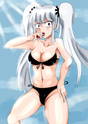  1girl bikini breasts cherry cleavage d-frag! food fruit long_hair purple_eyes sakai_tama saliva silver_hair solo swimsuit twintails very_long_hair  rating:Questionable score:14 user:fighting3k_88