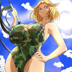  blonde_hair blue_eyes breasts colonel_bakunyuu_jagd_panther huge_breasts kochikame looking_at_viewer mature_female one-piece_swimsuit swimsuit thick_thighs thighs whip 
