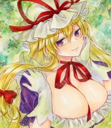  1girl alto2019 blonde_hair bow breasts cleavage closed_mouth commentary gloves hair_between_eyes hair_bow hat huge_breasts long_hair looking_at_viewer low-tied_long_hair mob_cap red_bow sample_watermark solo touhou upper_body watermark white_gloves white_hat yakumo_yukari 